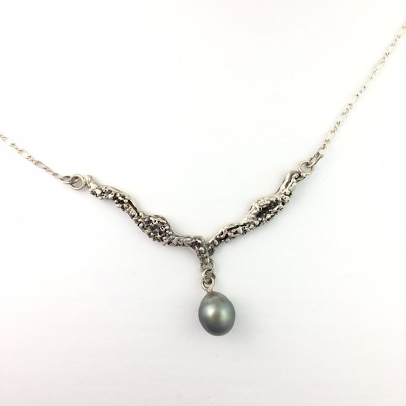 Tahitian Black Pearl Silver Organic Sea Life Necklace