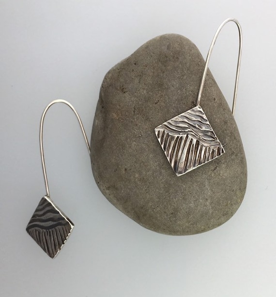 Artisan Carved Earrings, Long French Wire Style in Sterling Silver